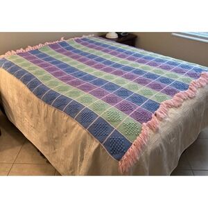 Vintage Crochet Afghan Pastel Square Throw Blanket Cottage Core Country 68"x64"